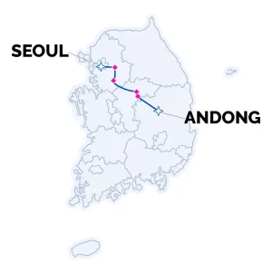 Map of South Korea showing the long-distance cycling route from Seoul to Andong